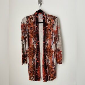 Chicos Mixed Paisley Cardigan Sweater Orange Ivory Brown Cotton Blend Sz 0